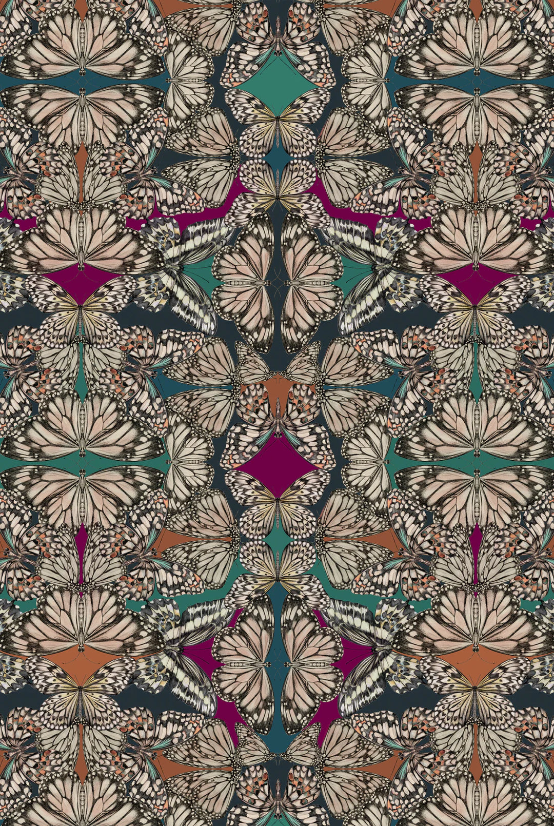 Victoria-Sanders-collection-kaleidoscopic-illusion-wallpaper-hand-drawn-butterflies-jewel-tones-magenta-turquiose-petrol-sienna