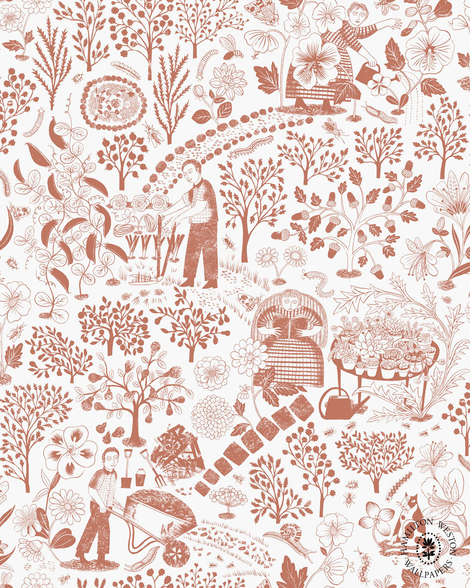 Patheways-wallpaper-Hamilton-Weston-Alice-Pattullo-country-scene-farmers-hand-illustrated-block-print-style-wallpaper-Terracotta-and-white