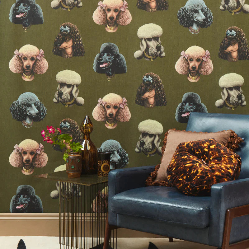 poodle-and-blond-wallpaper-poodle-parlour-moss-green-five-poodle-potrait-illustrated-wallpaper-pattern-retro-kitsch-fun-playfil-moss-green-background  