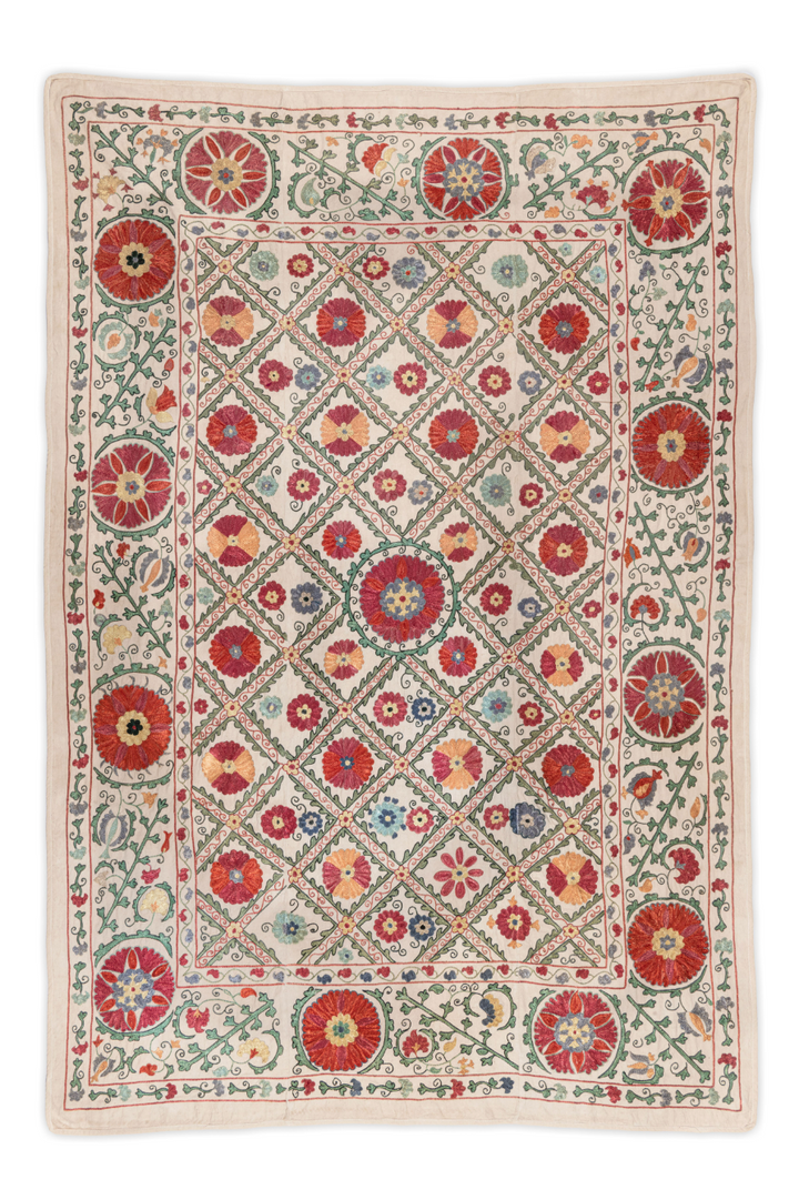 bukhara-suzani-silk-embroidered-bed-runner-handmade-uzbek-red-green-mindthegap-the-design-yard