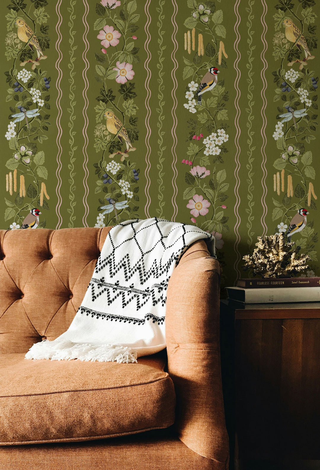 Studio-le-cocq-hedgerows-wallpaper-moss-striped-countrystyle-cottage-wallpaper-birds-roses-vines-leaves