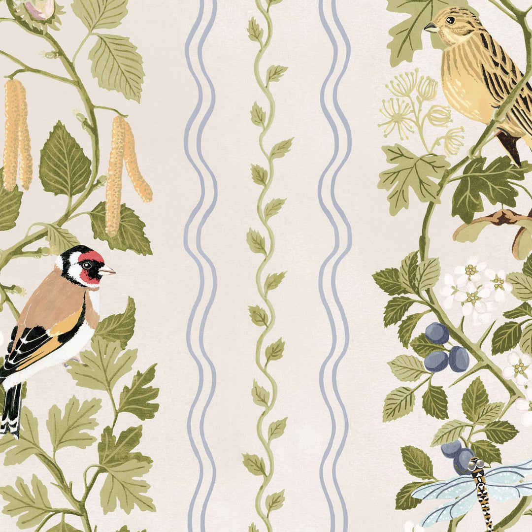 Studio-LeCocq-Hedgerows-Wallpaper-stripes-scalloped-edges-birds-cottage-woodland-hand-illustrated-spring-floral-soft-cream-background-Eggshell