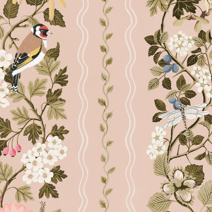 Studio-LeCocq-Hedgerows-Wallpaper-stripes-scalloped-edges-birds-cottage-woodland-hand-illustrated-spring-floral-soft-plaster-pink-background-Plaster