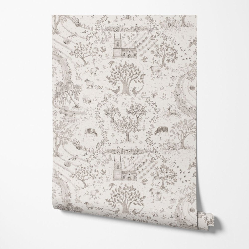 Studio-le-Cocq-Daily-Walk-Wallpaper-countryside-theme-orchard-birds-tress-churchyard-toile-style-modern-hertiage-style-print-British-artisa-Chateau-Gray