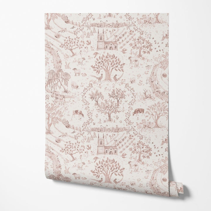 Studio-Le-cocq-wallpaper-daily-walk-pink-tones-Rose-Smoke-toile-print-countryside-churchyard-woodland-scene-British-illustrated-wallpaper-print-luxury