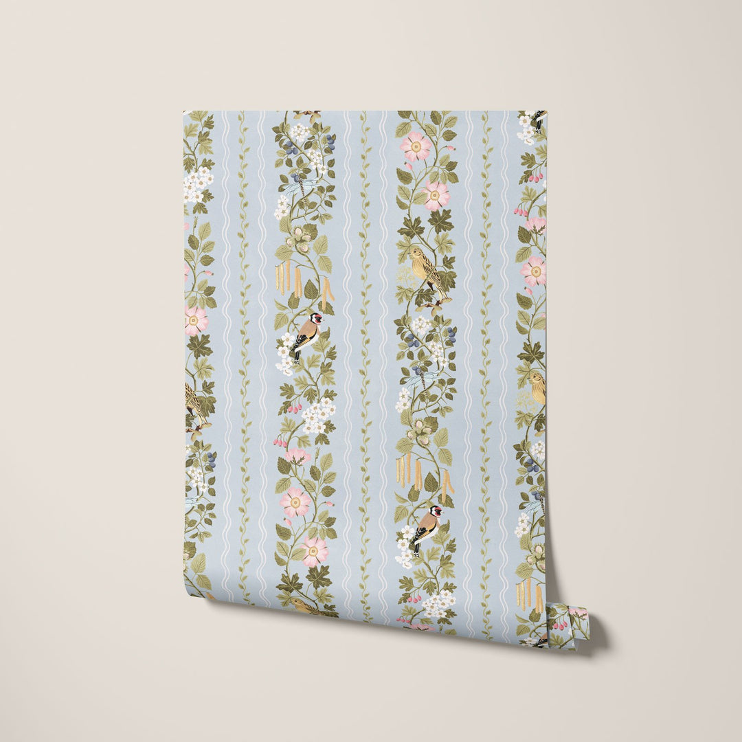 Studio-LeCocq-Hedgerows-Wallpaper-stripes-scalloped-edges-birds-cottage-woodland-hand-illustrated-spring-floral-Breeze-Soft-blue