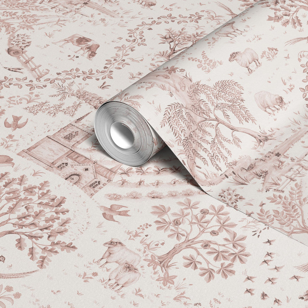 Studio-Le-cocq-wallpaper-daily-walk-pink-tones-Rose-Smoke-toile-print-countryside-churchyard-woodland-scene-British-illustrated-wallpaper-print-luxury