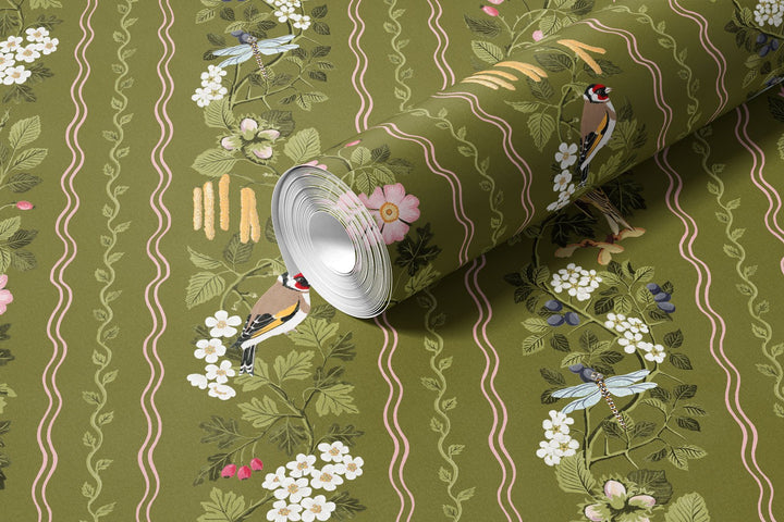 Studio-le-cocq-hedgerows-wallpaper-moss-striped-countrystyle-cottage-wallpaper-birds-roses-vines-leaves