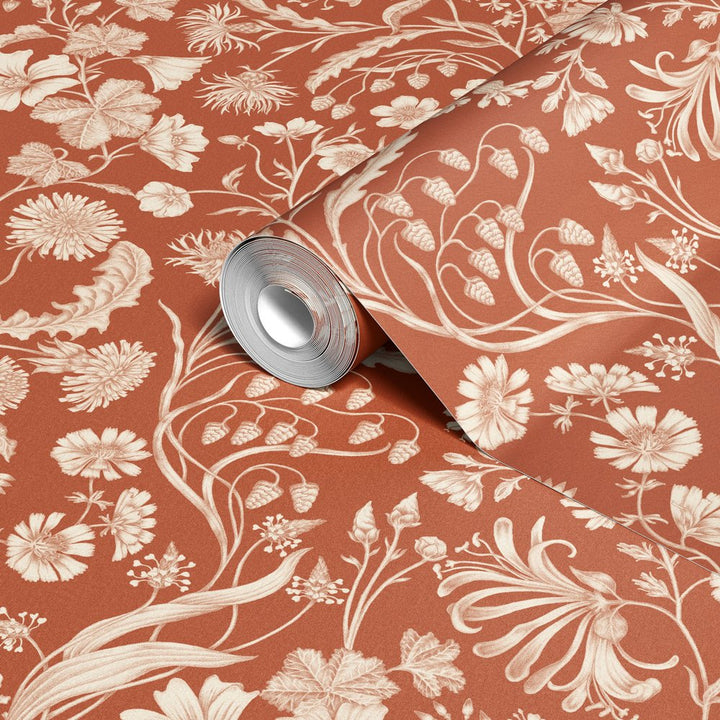 Studio-Le-Cocq-The-Lost-Garden-Botanical-print-wallpaperSaffron-warm-spice-orange-red-tones-subtle-cream-print-floral-country-style-cottage-wallpaper-pattern