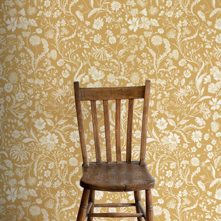 Studio-Le-Cocq-The-Lost-Garden-Botanical-print-wallpaper-Honeysuckle-yellow-warm-yolk-colour--subtle-cream-print-floral-country-style-cottage-wallpaper-pattern