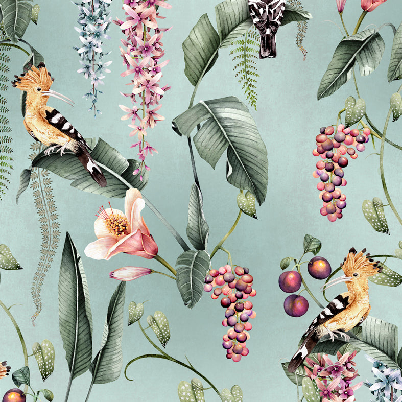 Hoopoe Garden Wallpaper in Duckegg