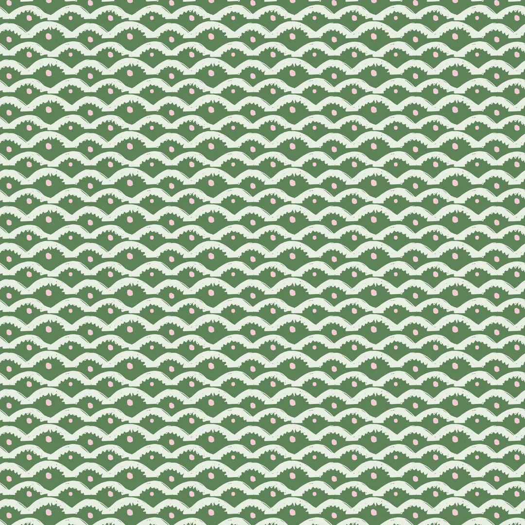 Annika-Reed-Wiggly-Squiggly-wallpaper-white-playful-arches-lines-emerald-green-backing-backround-pink-spots-playful-retro-wallpaper-print-pattern