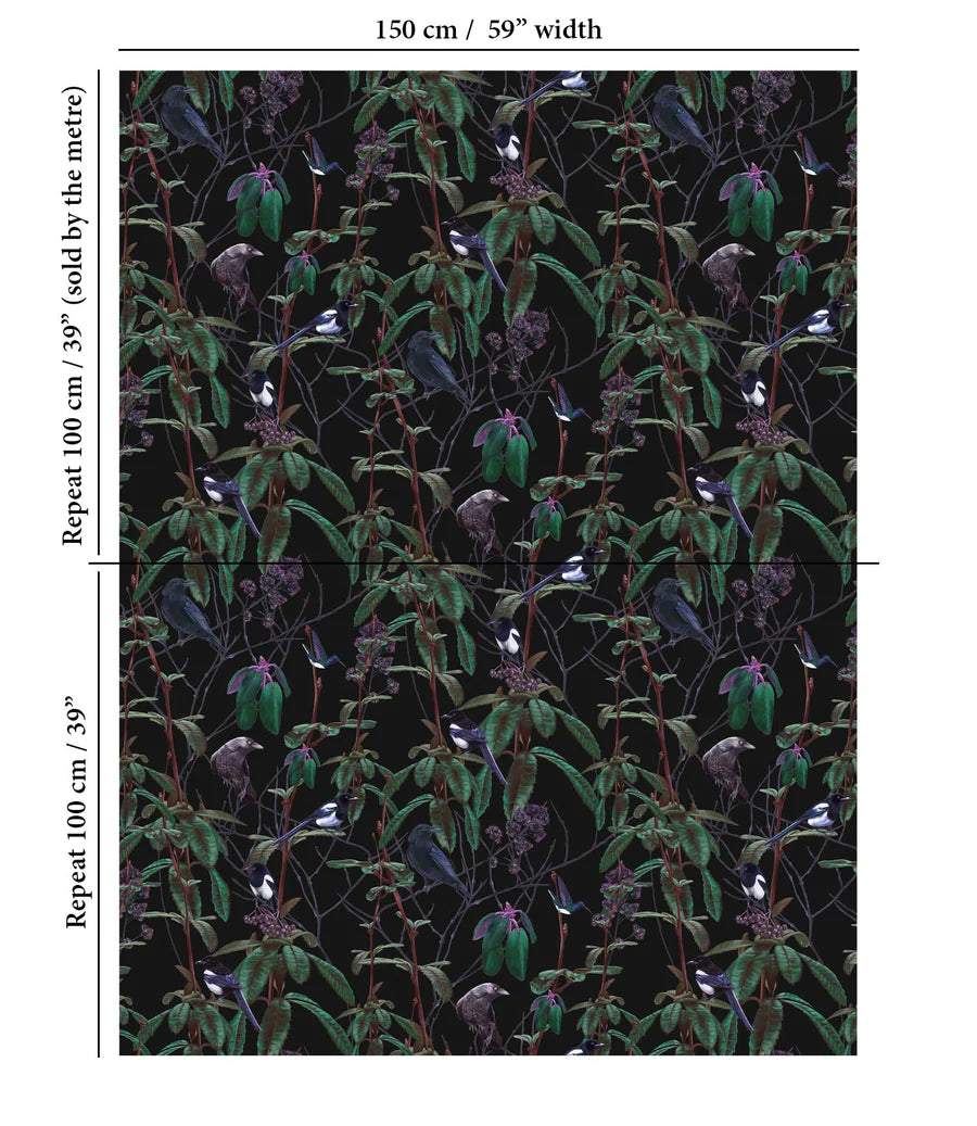 witch-and-watchman-folia-dark-fabric-birds-brances-white-cotton-panama-background-whimsical-crow-plant-leaves-print-dark-black-base