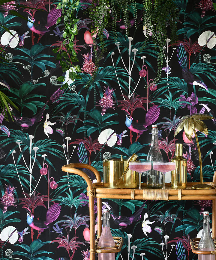 Witch-and-watchman-Xanadu-wallpaper-dark-jungle-scene-exotic-birds-palms-fauna-hot-teal-pink-white-night-scene