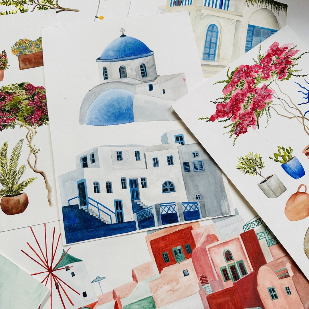 Brand-Mckanezie-wallpaper-The Mediterranean-Cyclades-churches-buildings-lanes-ports-Greek-island-Hand-painted-illustrated-watercolour-style-print-novelty-wallpaper-blue-and-White-BMPP04/08A