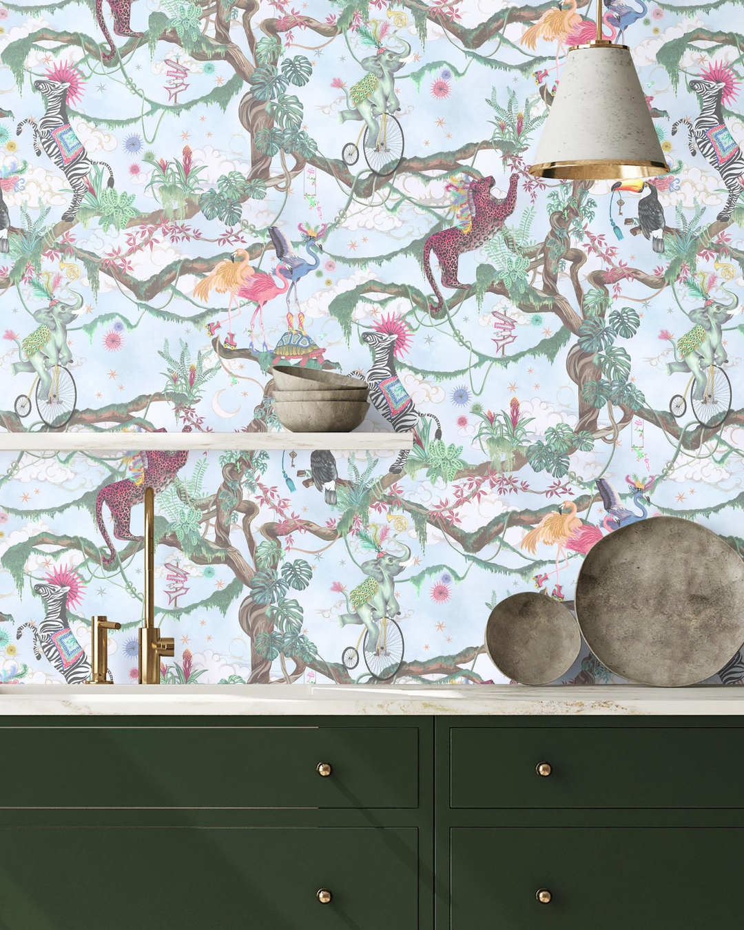 Carnival-fever-collection-wallpaper-wallcovering-brand-mckenzie-british-designer-balancing-act-animals-tropical-tree-brances-clouds-stars-moons