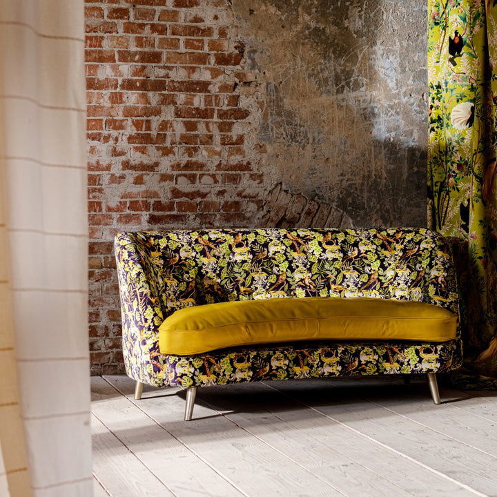 Mind-the-Gap-Venice-Sofa-tub-style-love-seat-la-voliere-parrot-ornate-velvet-yozu-yellow-leather-glossy-seat-cover-curved-kidney-bean-shape-metal-legs