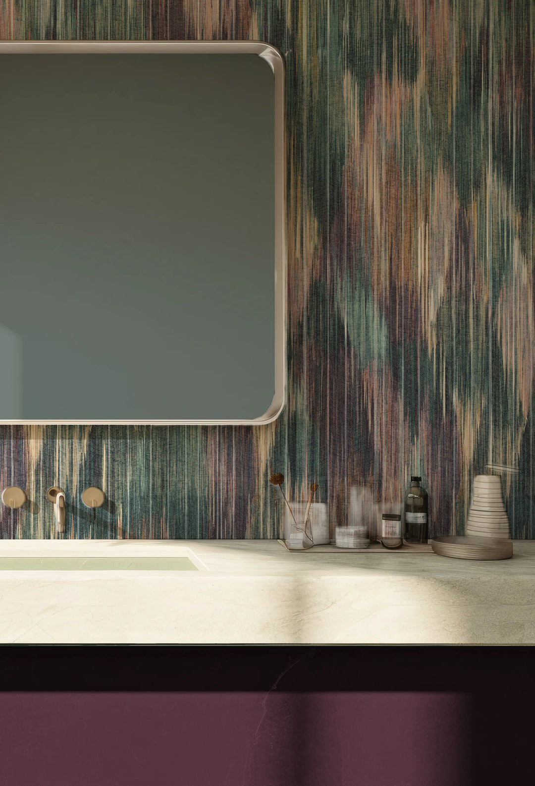 Victoria-Sanders-Spectre-Ikat-geometric-Wallpaper-Almandine-ikat -pink-purples-greens