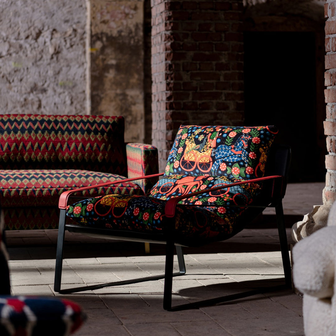 mind-the-gap-Dunhill-chair-fasnacht-anthracite-velvet-and-rosso-matte-leather-armchair0filk-inspired-printed-velvet-reclining-70's-inspired-chair-paded-cushion-armchair-folk-couture- FR00153-FB00097