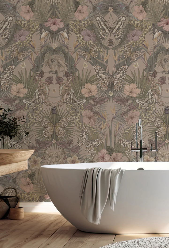 Victoria-Sanders-Collection-Wallpaper-exotica-dusty-rose-jungle-print-subtle-tones-beigh-khaki-exotic-animal-orchid-pattern-hand-illustrated-artisan-wallpaper