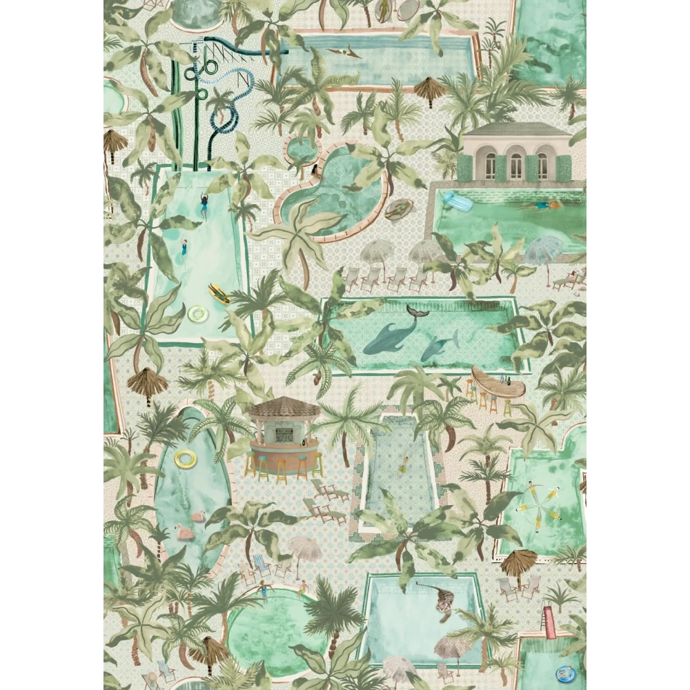 Brend-Mckenzie-Paper-Paradise-collection-Lido-wallpaper-exotic-swimmingpools-pool-houses-palms-oasis-hidden-animals-tiger-whale-flamingo-african-adventure-pool-house-paper-novelty-BMPP004/06A- palm-green