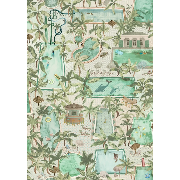 Brend-Mckenzie-Paper-Paradise-collection-Lido-wallpaper-exotic-swimmingpools-pool-houses-palms-oasis-hidden-animals-tiger-whale-flamingo-african-adventure-pool-house-paper-novelty-BMPP004/06A- palm-green