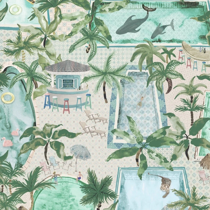 Brend-Mckenzie-Paper-Paradise-collection-Lido-wallpaper-exotic-swimmingpools-pool-houses-palms-oasis-hidden-animals-tiger-whale-flamingo-african-adventure-pool-house-paper-novelty-BMPP004/06B-turquoise