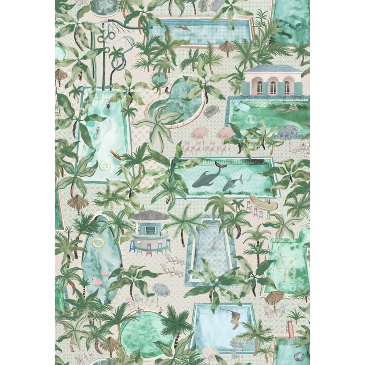 Brend-Mckenzie-Paper-Paradise-collection-Lido-wallpaper-exotic-swimmingpools-pool-houses-palms-oasis-hidden-animals-tiger-whale-flamingo-african-adventure-pool-house-paper-novelty-BMPP004/06B-turquoise