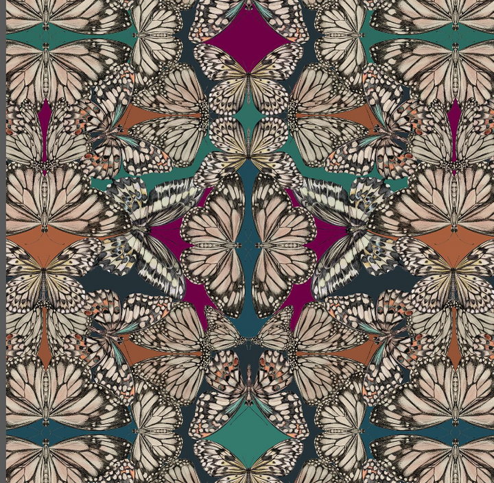 Victoria-Sanders-collection-kaleidoscopic-illusion-wallpaper-hand-drawn-butterflies-jewel-tones-magenta-turquiose-petrol-sienna