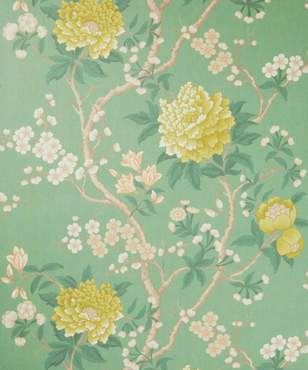 liberty-botanical-atlas-procelian-trail-wallpaper-jade-floral-trail-jade-lounge-mustard-yellow-sofa