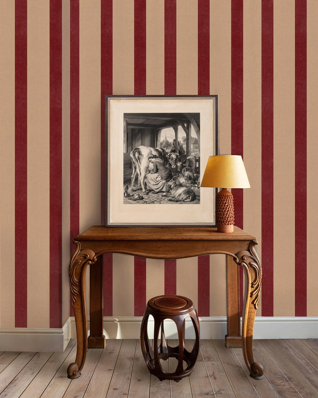 Hamilton-weston-wallpaper-Adam-Bray-designs-brown-paper-stripes-wallpaper-coloured-paint-on-brown-manilla-base-paper-understated-stripe-chic-60's-70's-inspired-British-designen-printed-Red-04