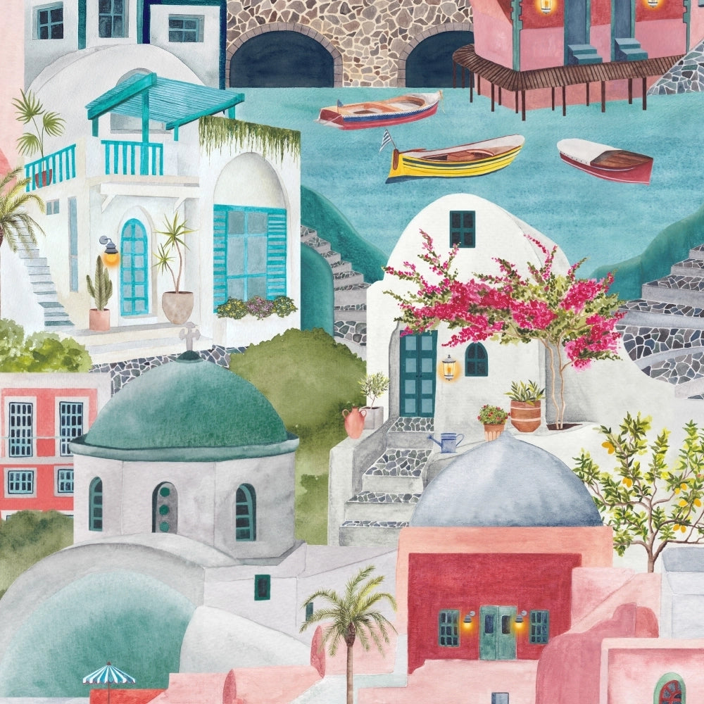 Brand-Mckanezie-wallpaper-The Mediterranean-Cyclades-churches-buildings-lanes-ports-Greek-island-Hand-painted-illustrated-watercolour-style-print-novelty-wallpaper-cherry-and-Aqua-BMPP04/08B