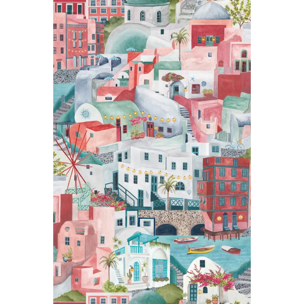 Brand-Mckanezie-wallpaper-The Mediterranean-Cyclades-churches-buildings-lanes-ports-Greek-island-Hand-painted-illustrated-watercolour-style-print-novelty-wallpaper-cherry-and-Aqua-BMPP04/08B