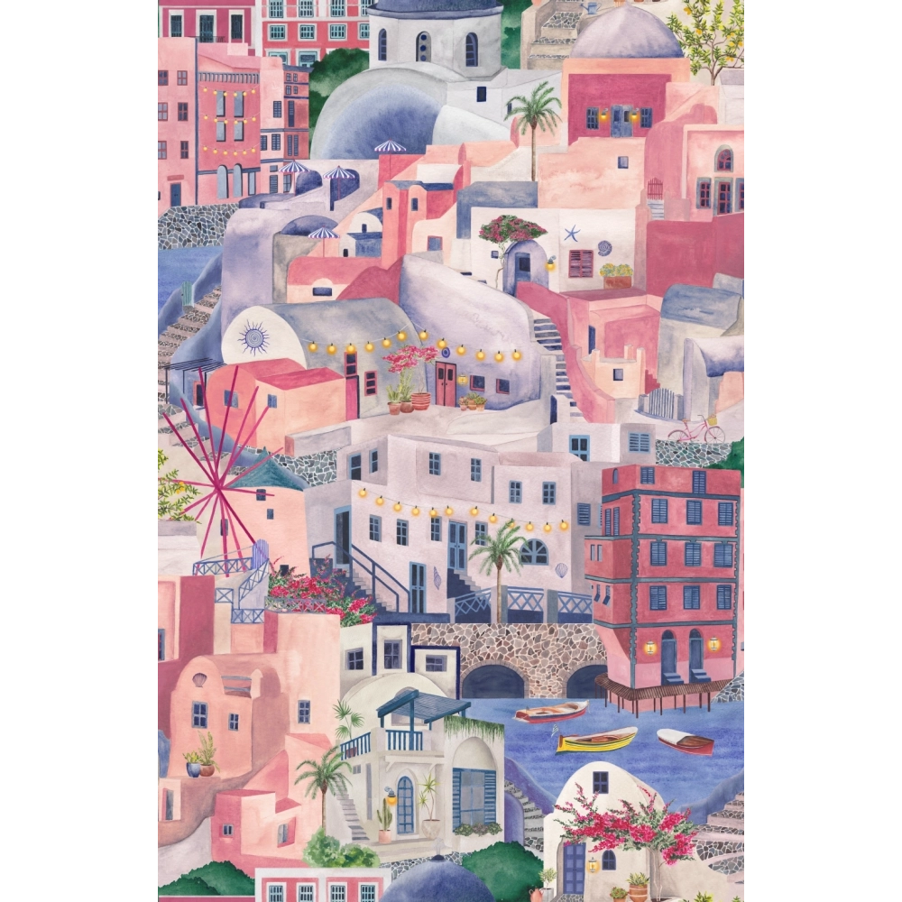 Brand-Mckanezie-wallpaper-The Mediterranean-Cyclades-churches-buildings-lanes-ports-Greek-island-Hand-painted-illustrated-watercolour-style-print-novelty-wallpaper-Lavender-Rose-BMPP04/08C