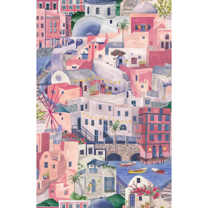 Brand-Mckanezie-wallpaper-The Mediterranean-Cyclades-churches-buildings-lanes-ports-Greek-island-Hand-painted-illustrated-watercolour-style-print-novelty-wallpaper-Lavender-Rose-BMPP04/08C