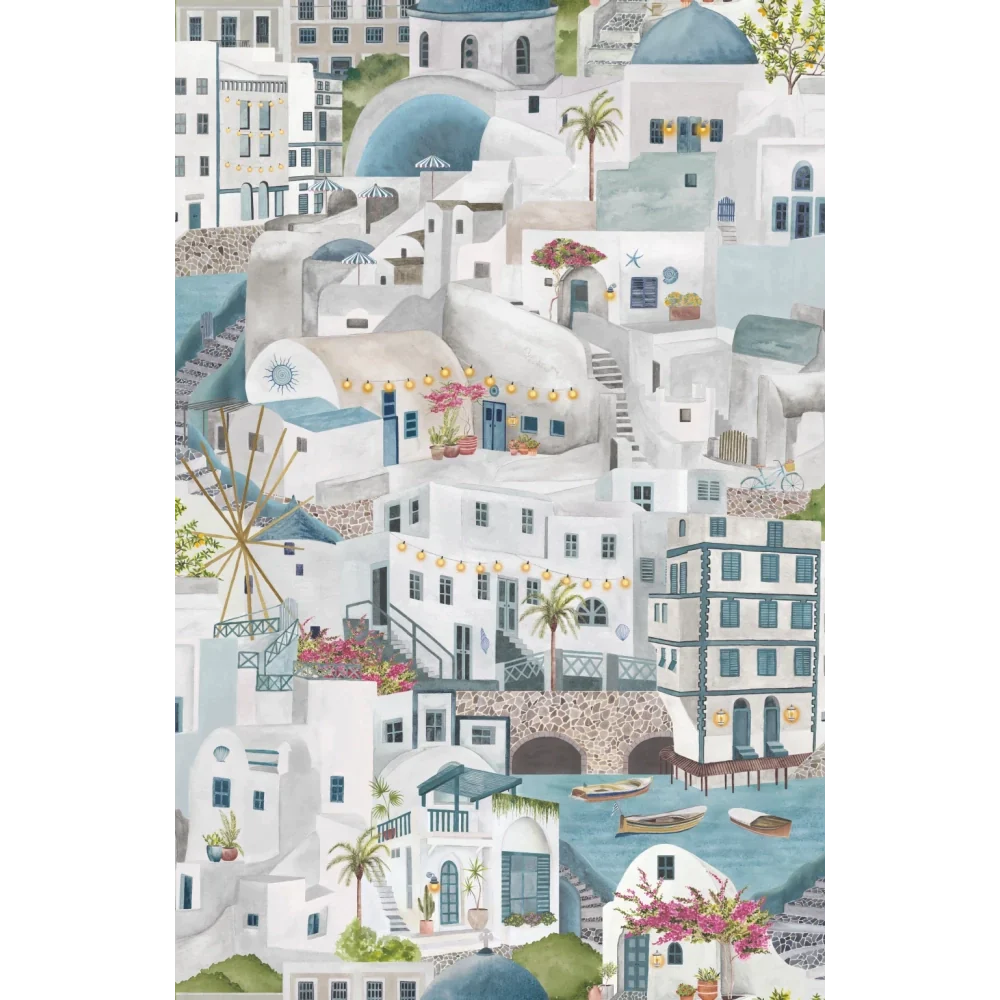 Brand-Mckanezie-wallpaper-The Mediterranean-Cyclades-churches-buildings-lanes-ports-Greek-island-Hand-painted-illustrated-watercolour-style-print-novelty-wallpaper-Slate-Blue-BMPP04/08D