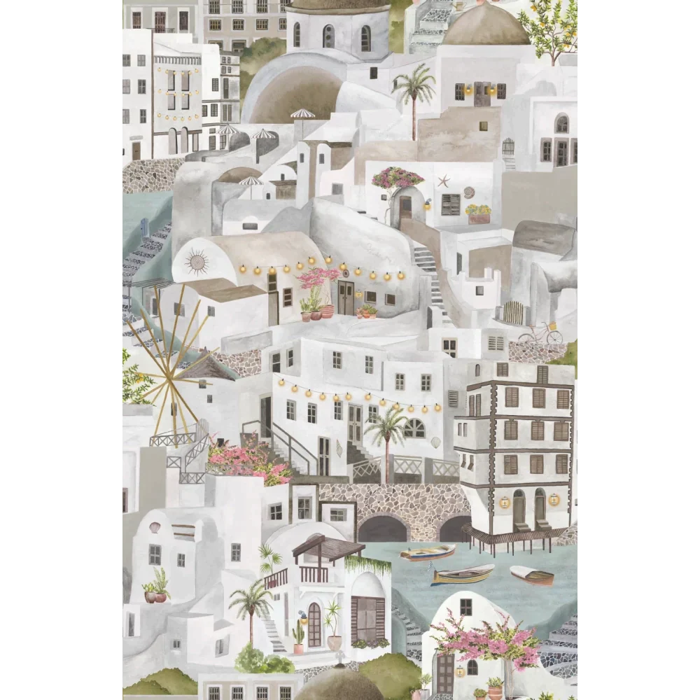 Brand-Mckanezie-wallpaper-The Mediterranean-Cyclades-churches-buildings-lanes-ports-Greek-island-Hand-painted-illustrated-watercolour-style-print-novelty-wallpaper-Stone-BMPP04/08E