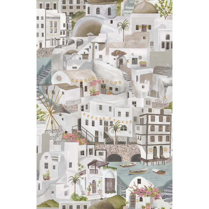 Brand-Mckanezie-wallpaper-The Mediterranean-Cyclades-churches-buildings-lanes-ports-Greek-island-Hand-painted-illustrated-watercolour-style-print-novelty-wallpaper-Stone-BMPP04/08E