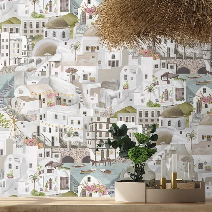 Brand-Mckanezie-wallpaper-The Mediterranean-Cyclades-churches-buildings-lanes-ports-Greek-island-Hand-painted-illustrated-watercolour-style-print-novelty-wallpaper-Stone-BMPP04/08E