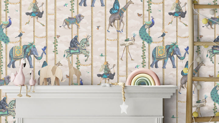 carnival-fever-carousel-blue-animals-on-carousel-poles-whimisal-childrens-wallpaper-linen-plaster-pink