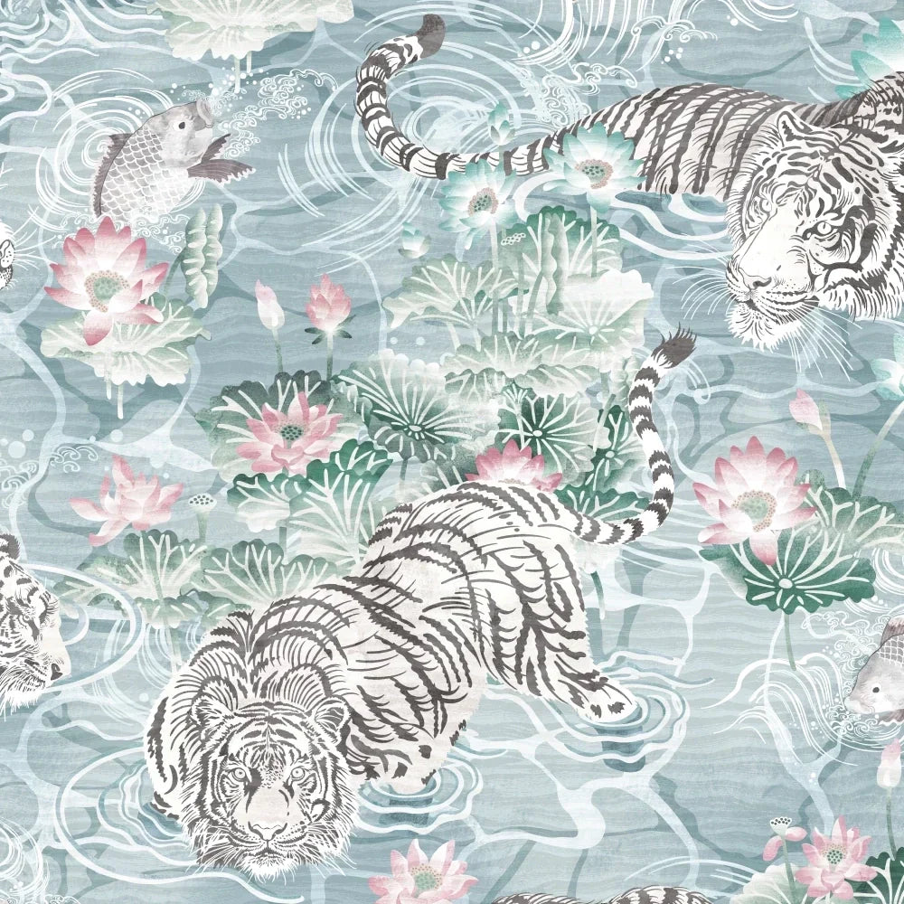 Brand-Mckenzie-paper-paradise-collection-Tiger-Lily-prowling-tiger-asian-influenced-hand-illustrated-lily-pads-flying-fish-extotic-pattern-arctic-blue-and-pink