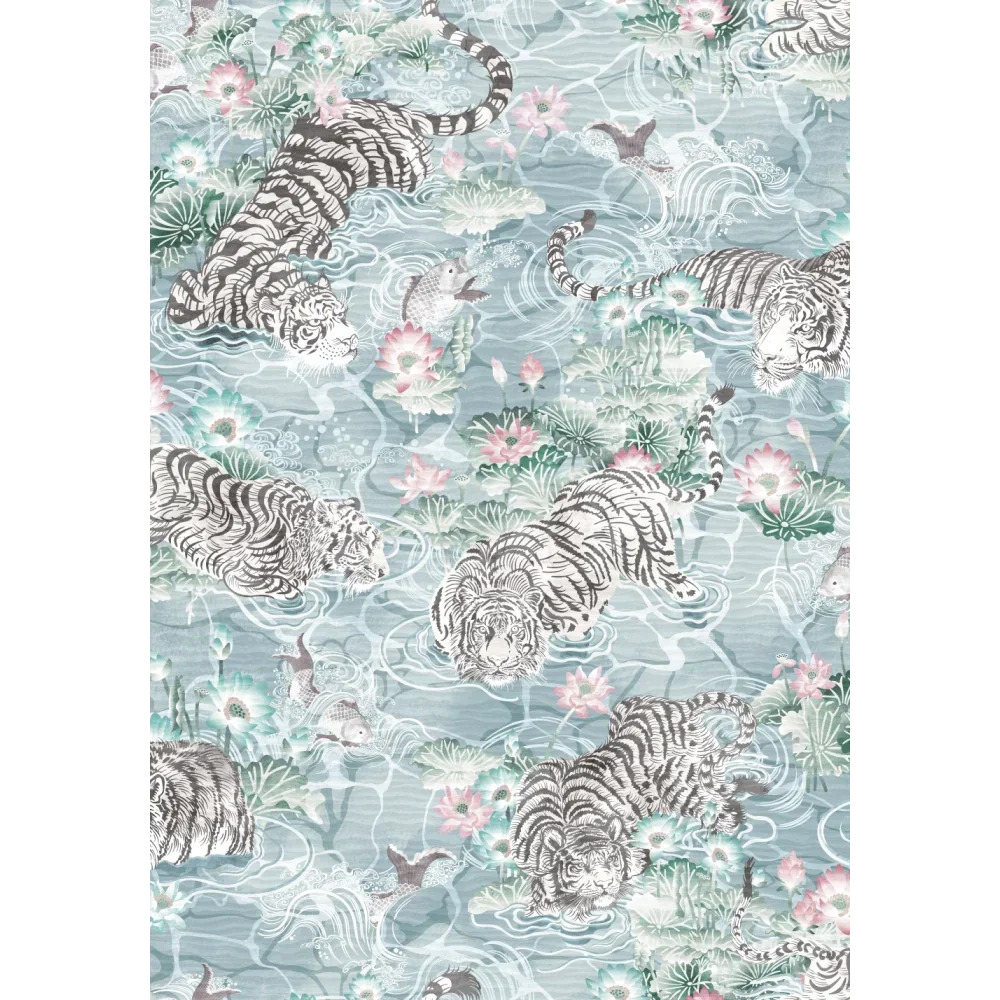 Brand-Mckenzie-paper-paradise-collection-Tiger-Lily-prowling-tiger-asian-influenced-hand-illustrated-lily-pads-flying-fish-extotic-pattern-arctic-blue-and-pink