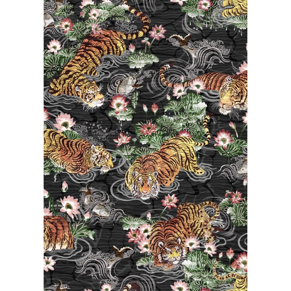 Tiger Lily Wallpaper in Charcoal and Gold