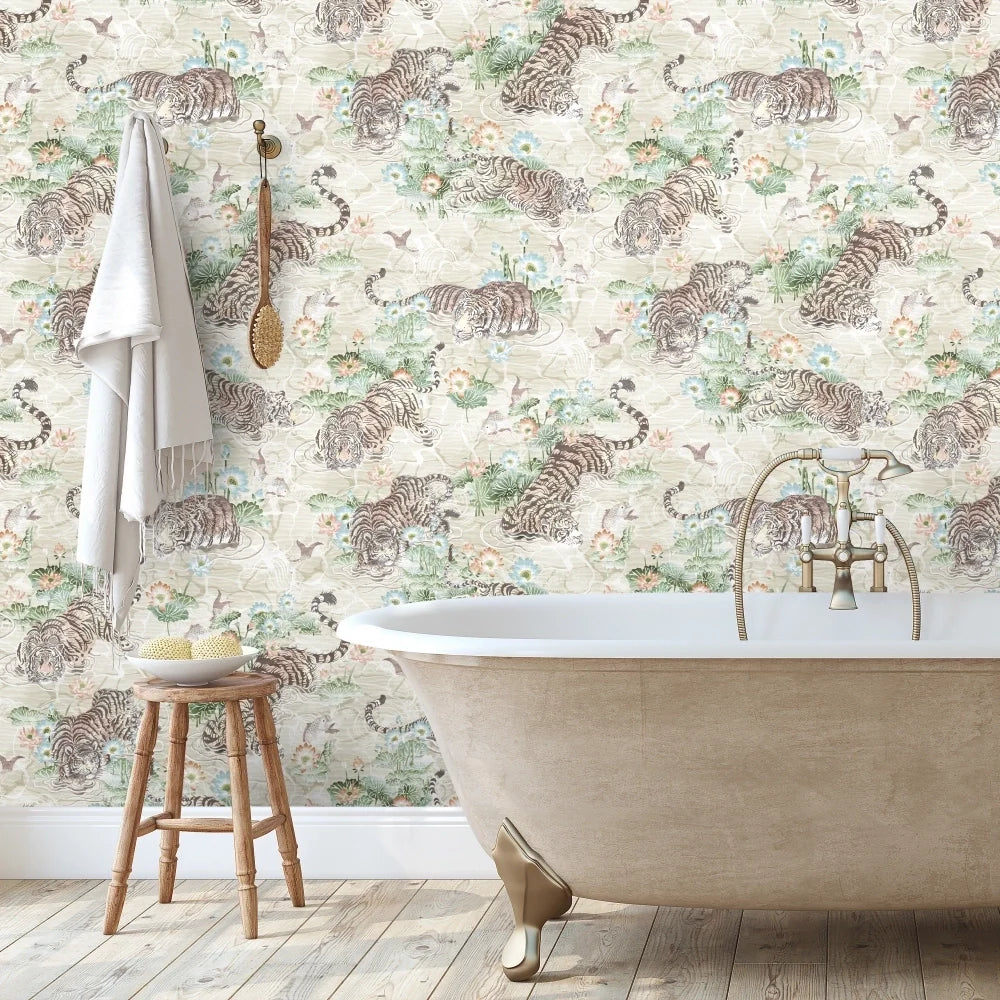 Brand-Mckenzie-paper-paradise-collection-Tiger-Lily-prowling-tiger-asian-influenced-hand-illustrated-lily-pads-flying-fish-extotic-pattern-arctic-linen-and-green