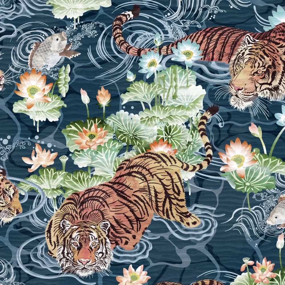 Brand-Mckenzie-paper-paradise-collection-Tiger-Lily-prowling-tiger-asian-influenced-hand-illustrated-lily-pads-flying-fish-extotic-pattern-midnight