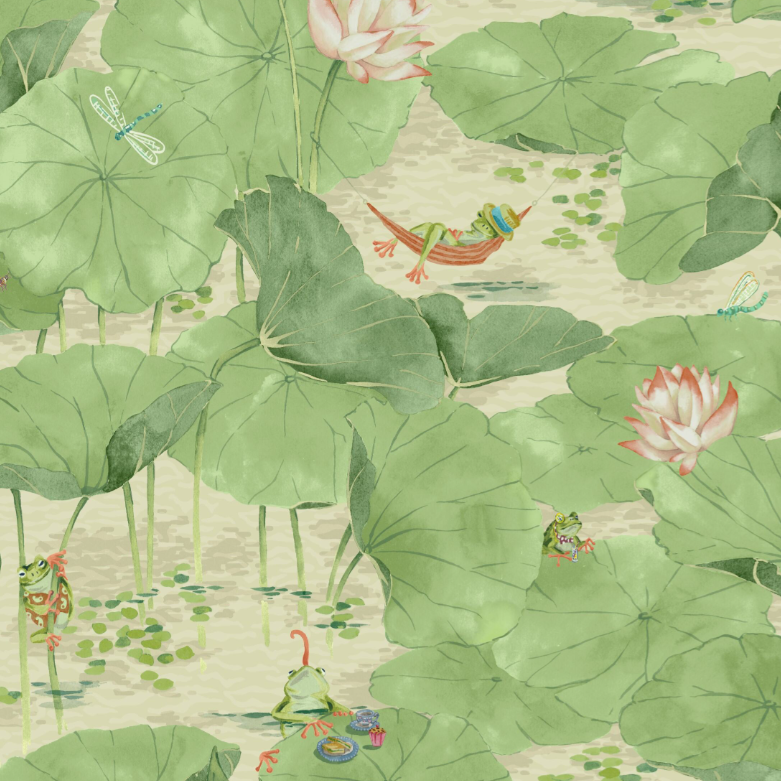 Brand-Mckenzie-Wallpaper-Wild-Life-Collection-Pond-life-illustrated-fron-watercolour-storybook-picture-style-scene-lilypads-water-frogs-playfull-wallpaper-willow