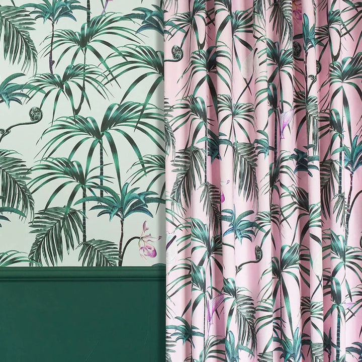 Witch-and-watchman-Elysian-Palm-Green-palm-print-classic-simple-leaves-cotton-panama-textile-sof-furnishings-upholstry-drapery-pink-background