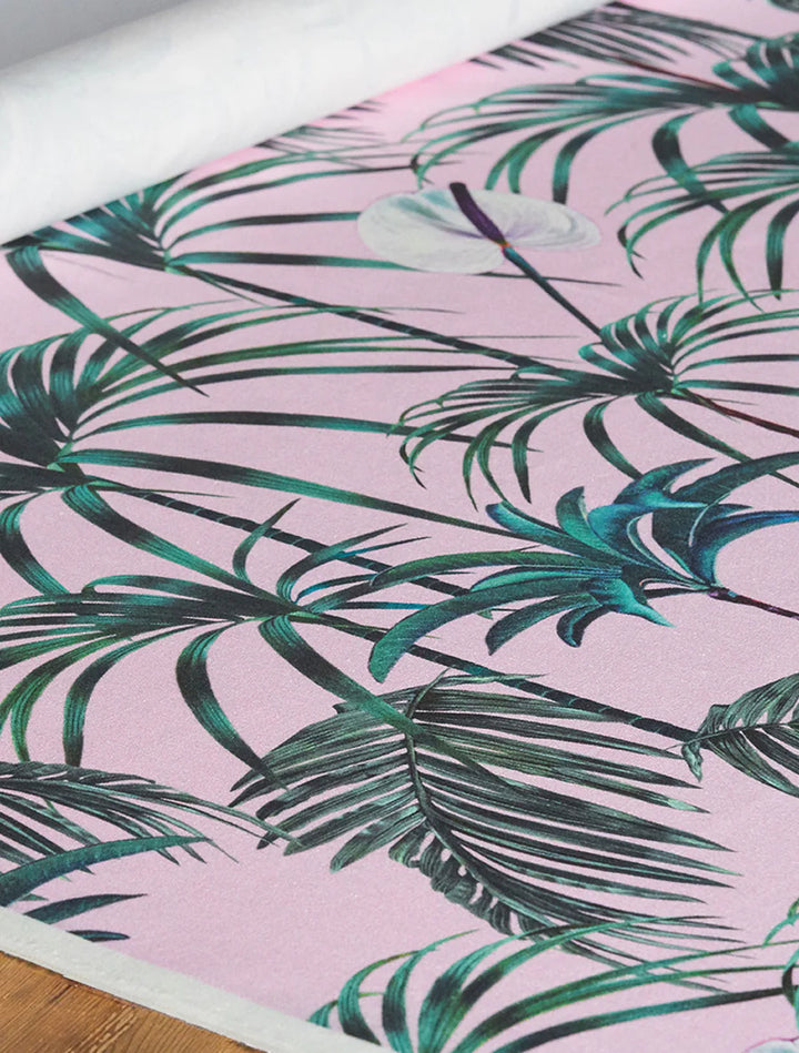 Witch-and-watchman-Elysian-Palm-Green-palm-print-classic-simple-leaves-cotton-panama-textile-sof-furnishings-upholstry-drapery-pink-background