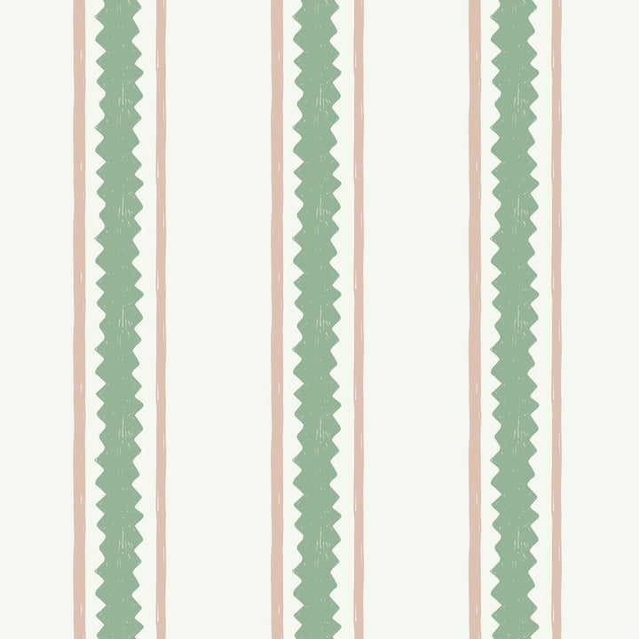 Annika-Reed-wallpaper-zig-and-zag-pattern-yellow-Pink-Zag-jagged-edge-green-stripes-within-pink-stripes-white-background-elegant-wallpaper