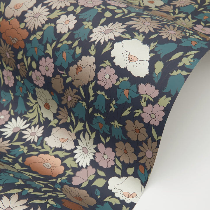 Liberty-fabrics-wallpaper-meadowfield-wallpaper-pewter-blue-ditsy-print-blue-green-white-orange-floral-daisy-floribunda-collection